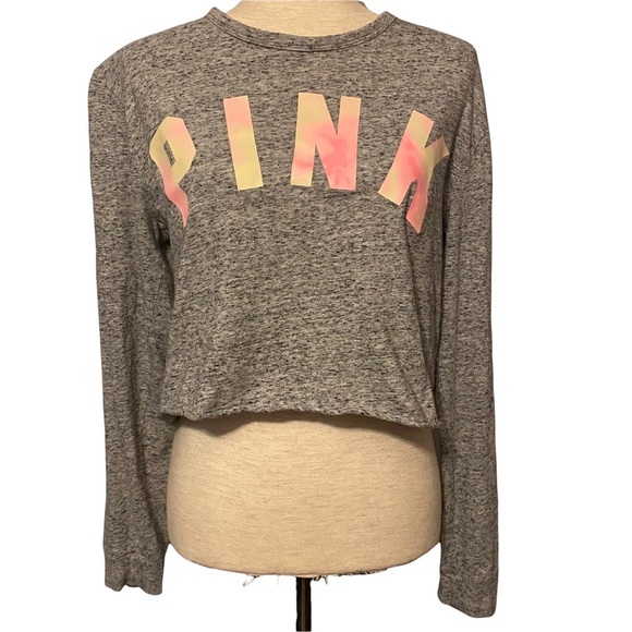 PINK‎ Victoria’s Secret gray cropped long sleeve tee lace-up back size medium - Picture 1 of 9